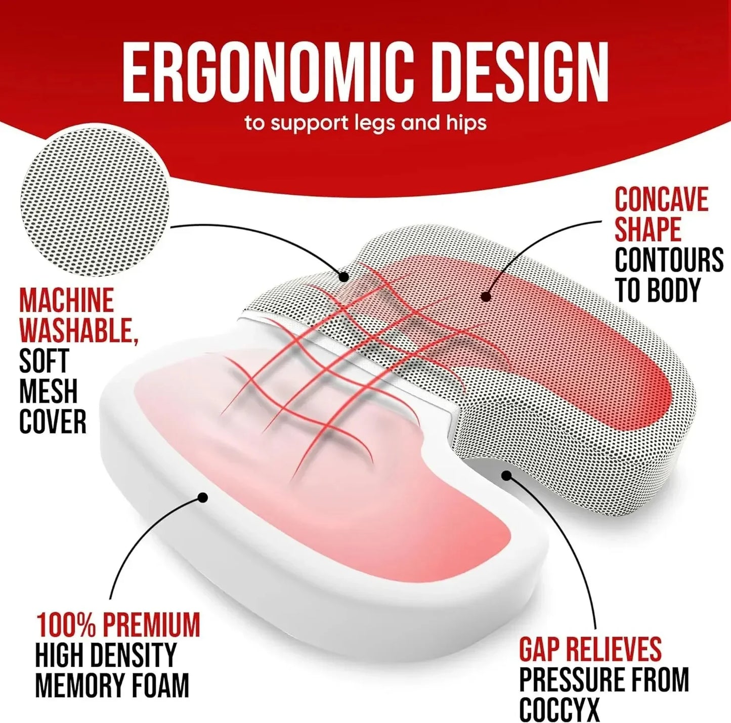 Car Booster Cushion Ergonomic Seat Cushion U-Shaped Memory Foam Rebound Tailbone Cushion Office Chair Long-Term Sitting Cushion